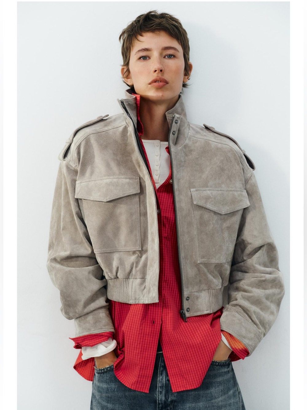 100% LEATHER CROPPED JACKET WITH TABS